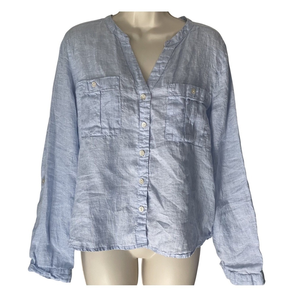 Nicole Miller New York 100% Linen Button Front Blouse Light Blue Large